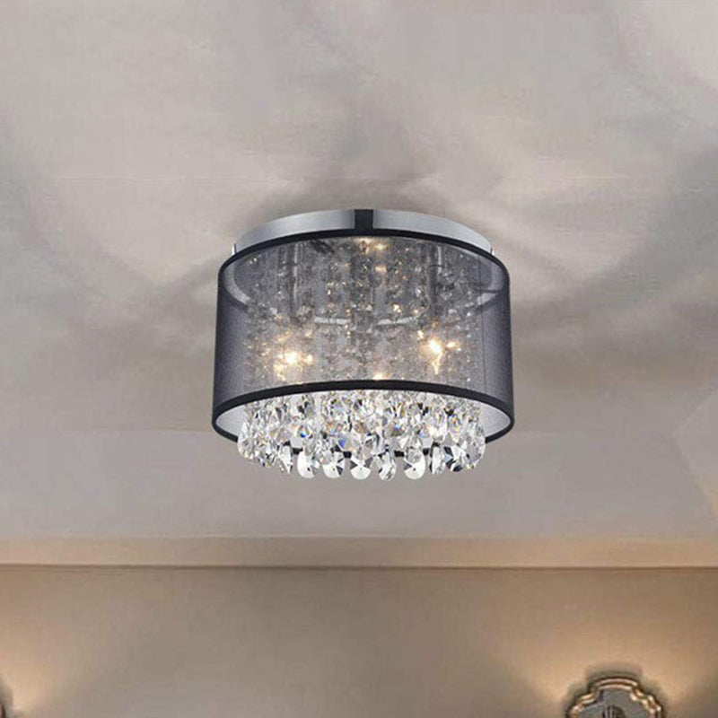 3 Lights Cylinder Flush Mount Lamp Simple Style Chrome Fabric Ceiling Light Fixture with Crystal Drops Chrome Clearhalo 'Ceiling Lights' 'Close To Ceiling Lights' 'Close to ceiling' 'Flush mount' Lighting' 790509