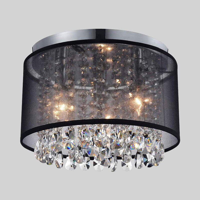 3 Lights Cylinder Flush Mount Lamp Simple Style Chrome Fabric Ceiling Light Fixture with Crystal Drops Clearhalo 'Ceiling Lights' 'Close To Ceiling Lights' 'Close to ceiling' 'Flush mount' Lighting' 790511