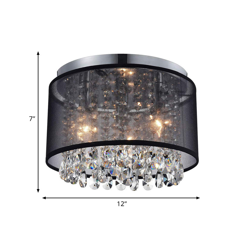 3 Lights Cylinder Flush Mount Lamp Simple Style Chrome Fabric Ceiling Light Fixture with Crystal Drops Clearhalo 'Ceiling Lights' 'Close To Ceiling Lights' 'Close to ceiling' 'Flush mount' Lighting' 790512