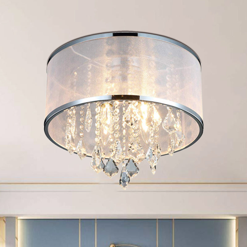 Drum Shade Fabric Flush Mount Fixture Simple 4 Lights Bedroom Close to Ceiling Light in Chrome with Crystal Accent Chrome Clearhalo 'Ceiling Lights' 'Close To Ceiling Lights' 'Close to ceiling' 'Flush mount' Lighting' 790513