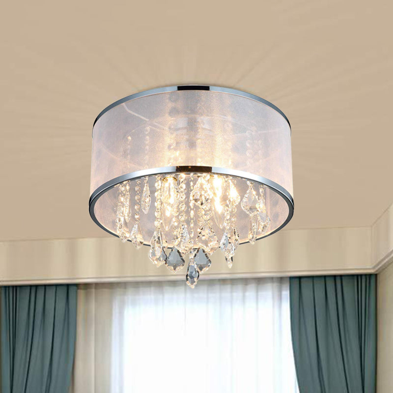 Drum Shade Fabric Flush Mount Fixture Simple 4 Lights Bedroom Close to Ceiling Light in Chrome with Crystal Accent Clearhalo 'Ceiling Lights' 'Close To Ceiling Lights' 'Close to ceiling' 'Flush mount' Lighting' 790514