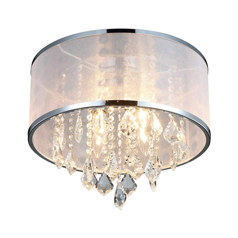 Drum Shade Fabric Flush Mount Fixture Simple 4 Lights Bedroom Close to Ceiling Light in Chrome with Crystal Accent Clearhalo 'Ceiling Lights' 'Close To Ceiling Lights' 'Close to ceiling' 'Flush mount' Lighting' 790515