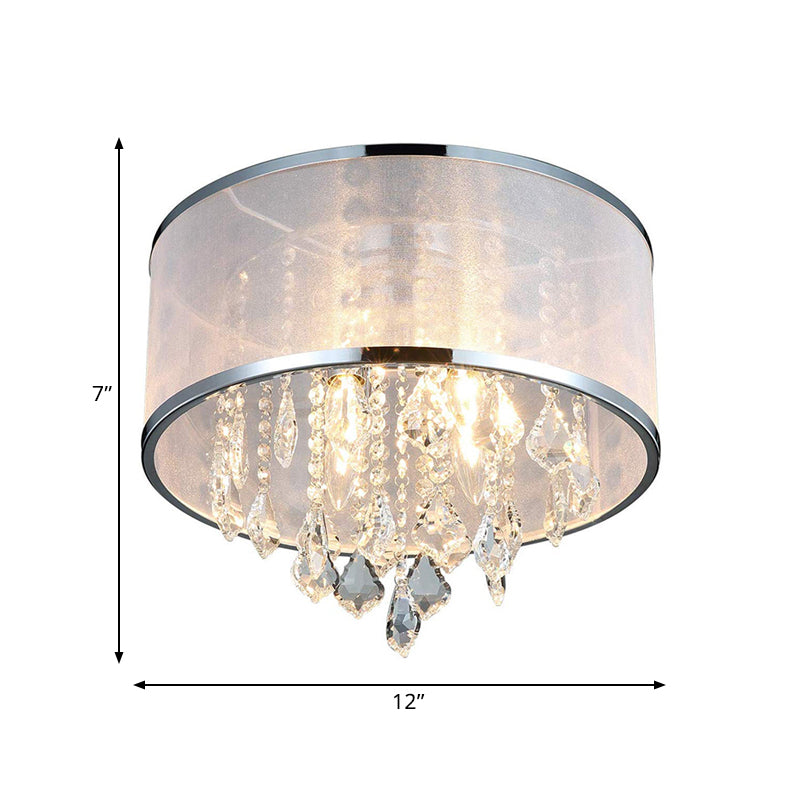 Drum Shade Fabric Flush Mount Fixture Simple 4 Lights Bedroom Close to Ceiling Light in Chrome with Crystal Accent Clearhalo 'Ceiling Lights' 'Close To Ceiling Lights' 'Close to ceiling' 'Flush mount' Lighting' 790516