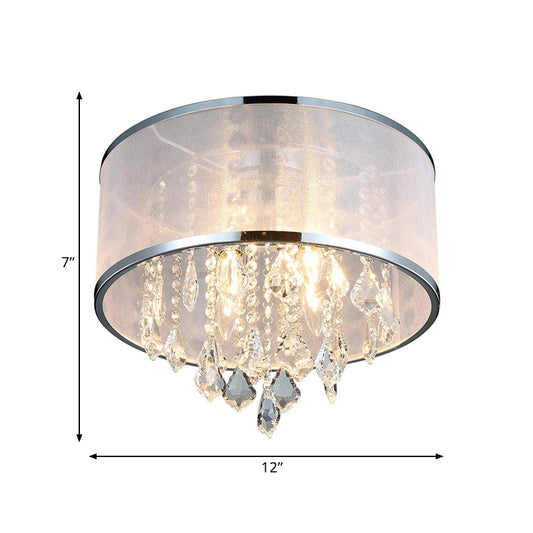 Drum Shade Fabric Flush Mount Fixture Simple 4 Lights Bedroom Close to Ceiling Light in Chrome with Crystal Accent Clearhalo 'Ceiling Lights' 'Close To Ceiling Lights' 'Close to ceiling' 'Flush mount' Lighting' 790516