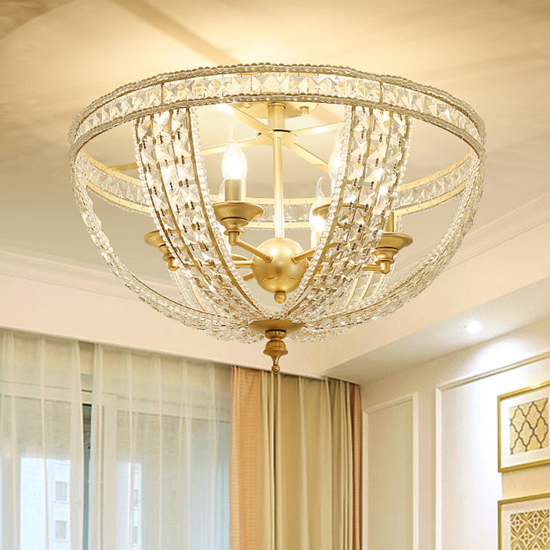 3/4 Lights Crystal Strand Semi Mount Lighting Traditional Gold Finish Basket Bedroom Ceiling Light Fixture, 14"/18" Wide Gold Clearhalo 'Ceiling Lights' 'Close To Ceiling Lights' 'Close to ceiling' 'Semi-flushmount' Lighting' 790517