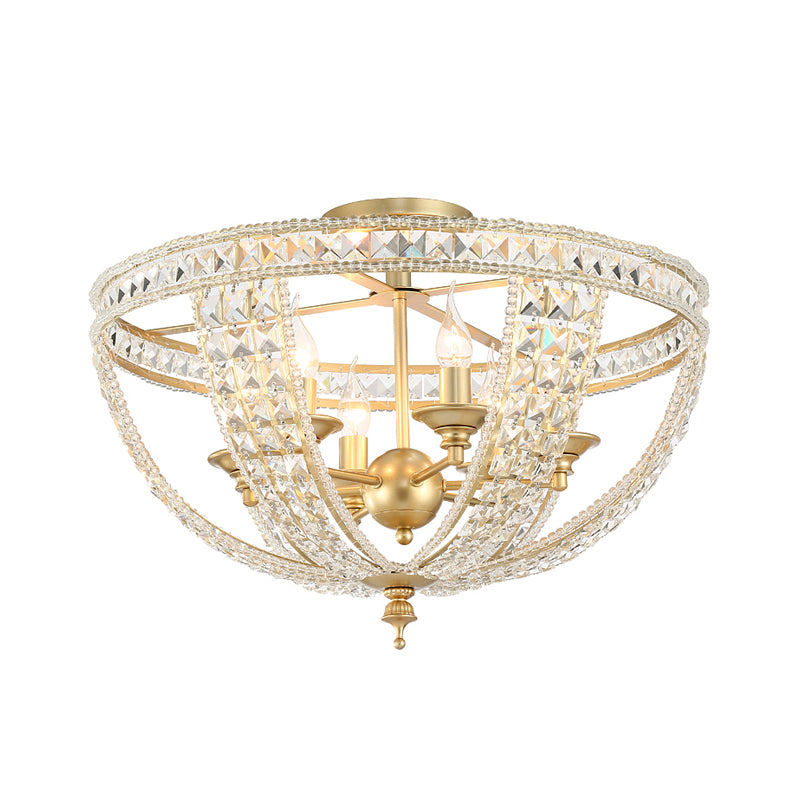 3/4 Lights Crystal Strand Semi Mount Lighting Traditional Gold Finish Basket Bedroom Ceiling Light Fixture, 14"/18" Wide Clearhalo 'Ceiling Lights' 'Close To Ceiling Lights' 'Close to ceiling' 'Semi-flushmount' Lighting' 790519