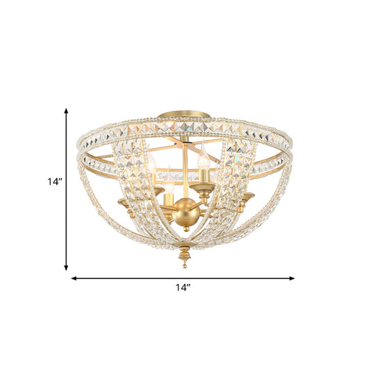 3/4 Lights Crystal Strand Semi Mount Lighting Traditional Gold Finish Basket Bedroom Ceiling Light Fixture, 14"/18" Wide Clearhalo 'Ceiling Lights' 'Close To Ceiling Lights' 'Close to ceiling' 'Semi-flushmount' Lighting' 790520