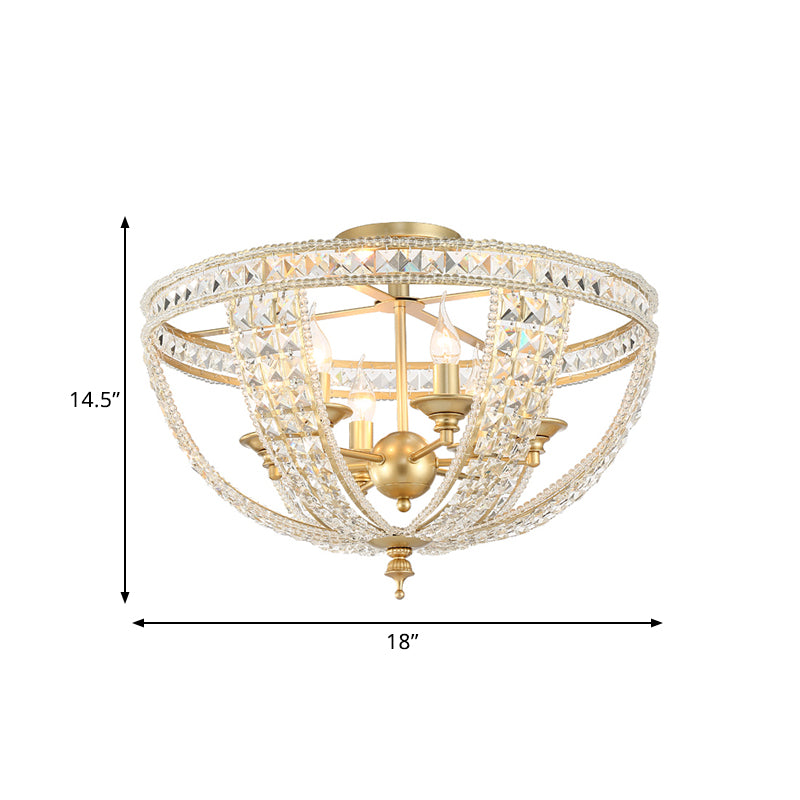 3/4 Lights Crystal Strand Semi Mount Lighting Traditional Gold Finish Basket Bedroom Ceiling Light Fixture, 14"/18" Wide Clearhalo 'Ceiling Lights' 'Close To Ceiling Lights' 'Close to ceiling' 'Semi-flushmount' Lighting' 790521