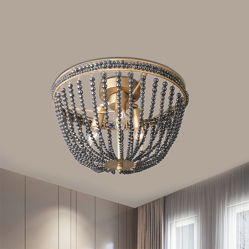 3 Bulbs Semi Flush Minimalist Living Room Ceiling Lighting with Basket Crystal Strand Shade in Gold Gold Clearhalo 'Ceiling Lights' 'Close To Ceiling Lights' 'Close to ceiling' 'Semi-flushmount' Lighting' 790526