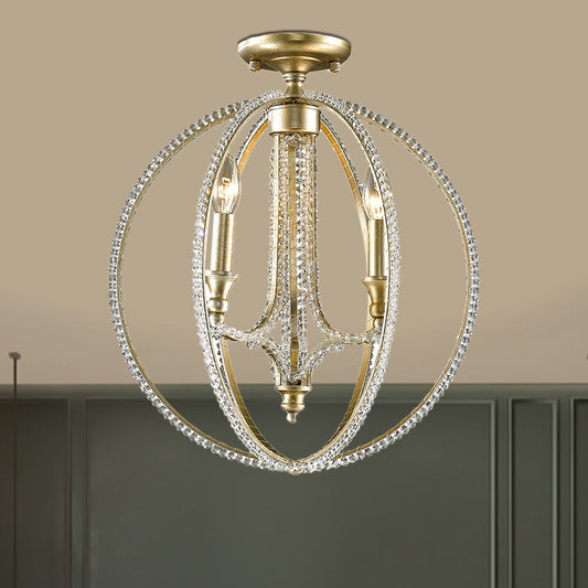 Country Globe Cage Semi Flush Light Fixture 3 Lights Crystal Ceiling Lighting in Gold with Candle Design Gold Clearhalo 'Ceiling Lights' 'Close To Ceiling Lights' 'Close to ceiling' 'Semi-flushmount' Lighting' 790547