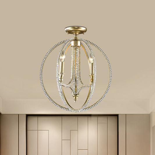 Country Globe Cage Semi Flush Light Fixture 3 Lights Crystal Ceiling Lighting in Gold with Candle Design Clearhalo 'Ceiling Lights' 'Close To Ceiling Lights' 'Close to ceiling' 'Semi-flushmount' Lighting' 790548