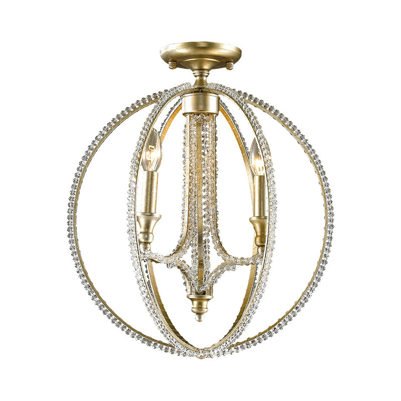 Country Globe Cage Semi Flush Light Fixture 3 Lights Crystal Ceiling Lighting in Gold with Candle Design Clearhalo 'Ceiling Lights' 'Close To Ceiling Lights' 'Close to ceiling' 'Semi-flushmount' Lighting' 790549