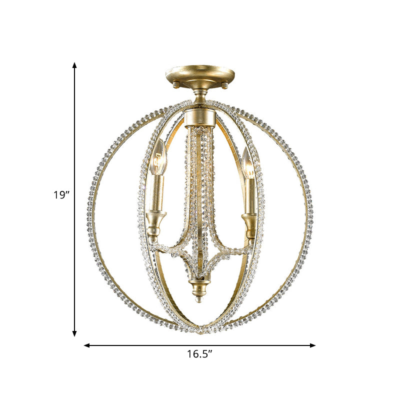 Country Globe Cage Semi Flush Light Fixture 3 Lights Crystal Ceiling Lighting in Gold with Candle Design Clearhalo 'Ceiling Lights' 'Close To Ceiling Lights' 'Close to ceiling' 'Semi-flushmount' Lighting' 790550