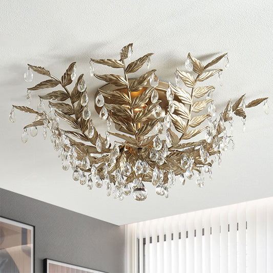 Crystal Orb Gold/Black Semi-Flush Mount Leaf 10 Heads Classic Style Close to Ceiling Light for Bedroom Gold Clearhalo 'Ceiling Lights' 'Close To Ceiling Lights' 'Close to ceiling' 'Flush mount' Lighting' 790551