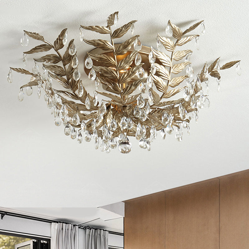 Crystal Orb Gold/Black Semi-Flush Mount Leaf 10 Heads Classic Style Close to Ceiling Light for Bedroom Clearhalo 'Ceiling Lights' 'Close To Ceiling Lights' 'Close to ceiling' 'Flush mount' Lighting' 790552