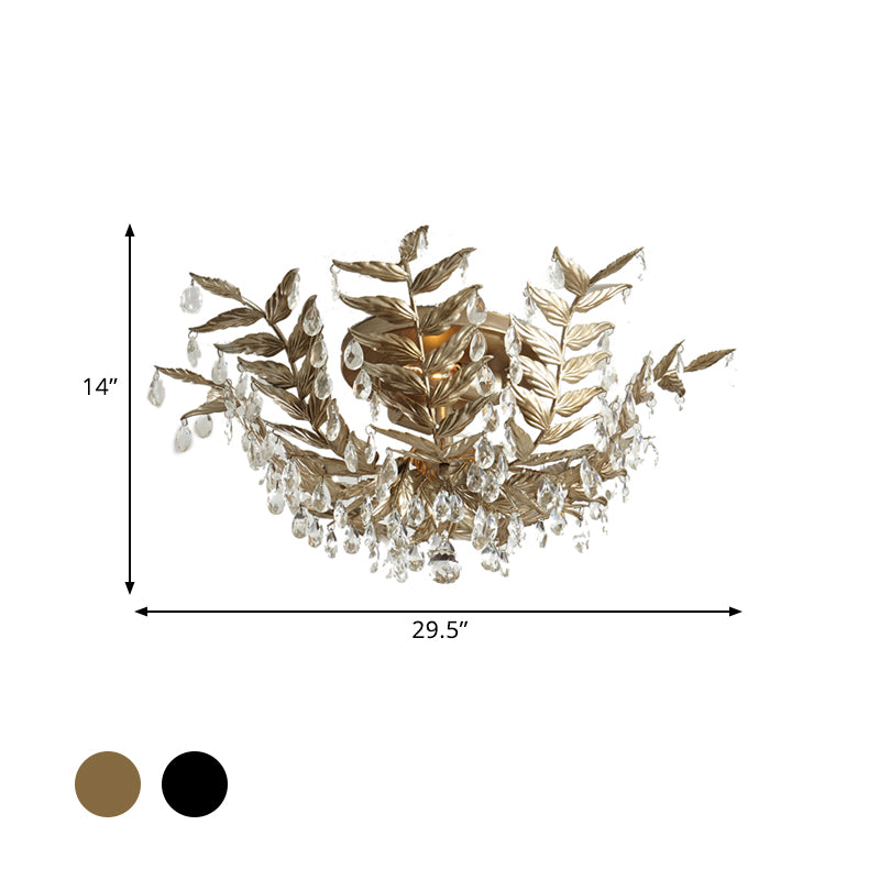 Crystal Orb Gold/Black Semi-Flush Mount Leaf 10 Heads Classic Style Close to Ceiling Light for Bedroom Clearhalo 'Ceiling Lights' 'Close To Ceiling Lights' 'Close to ceiling' 'Flush mount' Lighting' 790554