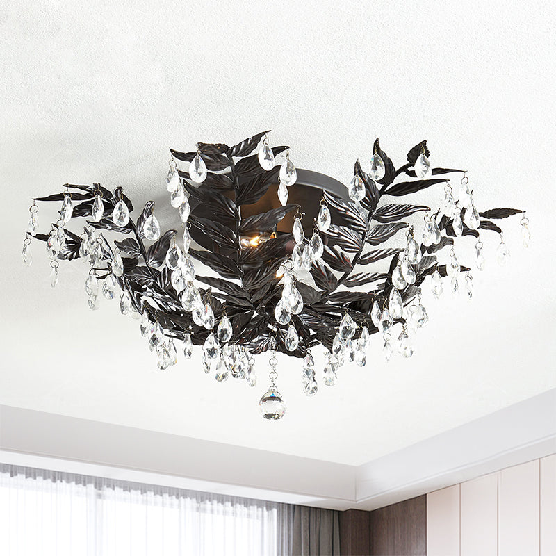 Crystal Orb Gold/Black Semi-Flush Mount Leaf 10 Heads Classic Style Close to Ceiling Light for Bedroom Black Clearhalo 'Ceiling Lights' 'Close To Ceiling Lights' 'Close to ceiling' 'Flush mount' Lighting' 790555