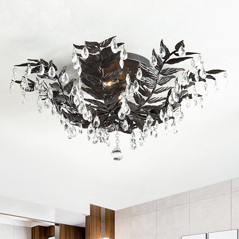 Crystal Orb Gold/Black Semi-Flush Mount Leaf 10 Heads Classic Style Close to Ceiling Light for Bedroom Clearhalo 'Ceiling Lights' 'Close To Ceiling Lights' 'Close to ceiling' 'Flush mount' Lighting' 790556