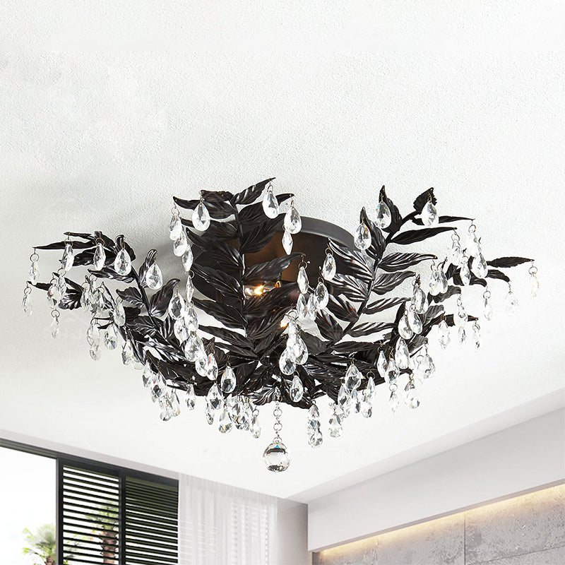 Crystal Orb Gold/Black Semi-Flush Mount Leaf 10 Heads Classic Style Close to Ceiling Light for Bedroom Clearhalo 'Ceiling Lights' 'Close To Ceiling Lights' 'Close to ceiling' 'Flush mount' Lighting' 790557