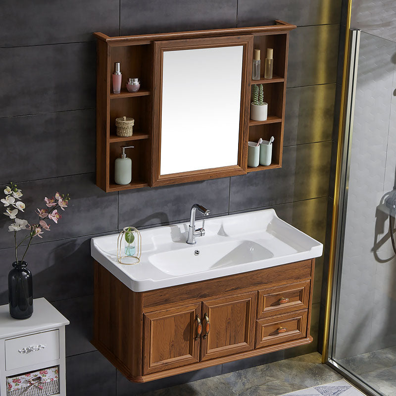 Wall Mount Mirror Included Sink Vanity with Sink for Bathroom Vanity & Faucet & Mirror Cabinet 40"L x 19"W x 20"H Brown Clearhalo 'Bathroom Remodel & Bathroom Fixtures' 'Bathroom Vanities' 'bathroom_vanities' 'Home Improvement' 'home_improvement' 'home_improvement_bathroom_vanities' 7905593