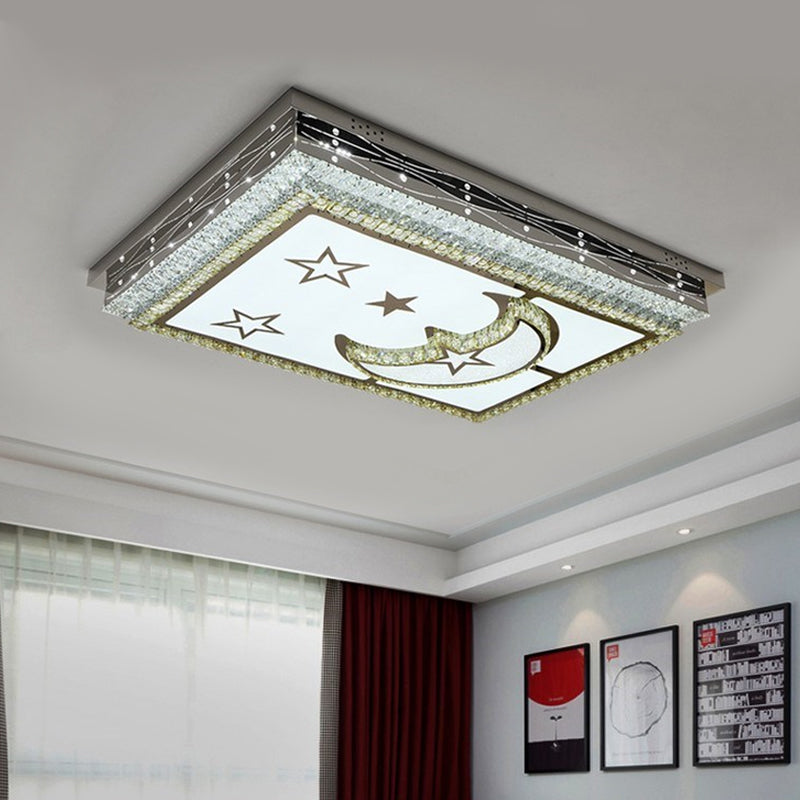 Crystal-Encrusted Chrome LED Flush Mount Crescent and Star Patterned Rectangle Modern Ceiling Light Clearhalo 'Ceiling Lights' 'Close To Ceiling Lights' 'Close to ceiling' 'Flush mount' Lighting' 790617