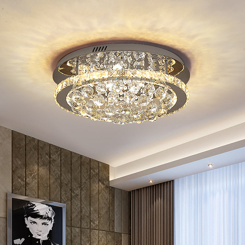 Mirrored Chrome Drum Semi Flush Mount Modern Crystal Hotel LED Ceiling Light with Waterfall Orb Drop Clearhalo 'Ceiling Lights' 'Close To Ceiling Lights' 'Close to ceiling' 'Semi-flushmount' Lighting' 790679