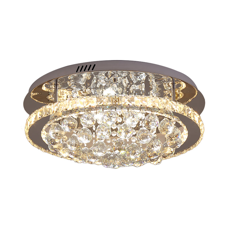 Mirrored Chrome Drum Semi Flush Mount Modern Crystal Hotel LED Ceiling Light with Waterfall Orb Drop Clearhalo 'Ceiling Lights' 'Close To Ceiling Lights' 'Close to ceiling' 'Semi-flushmount' Lighting' 790680