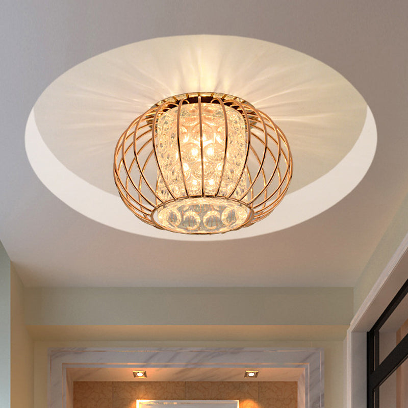 Cylindrical Bubble Crystal LED Flushmount Simple Corridor Ceiling Mount Light with Rose Gold Lantern Cage Gold Clearhalo 'Ceiling Lights' 'Close To Ceiling Lights' 'Close to ceiling' 'Flush mount' Lighting' 790686