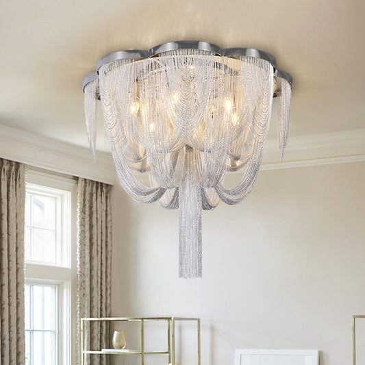 5-Light Tassel Chain Flush Chandelier Modern Chrome Finish Aluminum Semi Flush Mount Ceiling Light Chrome Clearhalo 'Ceiling Lights' 'Close To Ceiling Lights' 'Close to ceiling' 'Semi-flushmount' Lighting' 790690