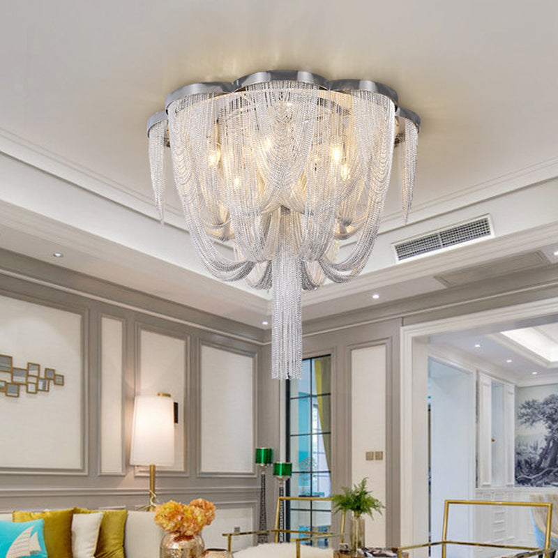 5-Light Tassel Chain Flush Chandelier Modern Chrome Finish Aluminum Semi Flush Mount Ceiling Light Clearhalo 'Ceiling Lights' 'Close To Ceiling Lights' 'Close to ceiling' 'Semi-flushmount' Lighting' 790691