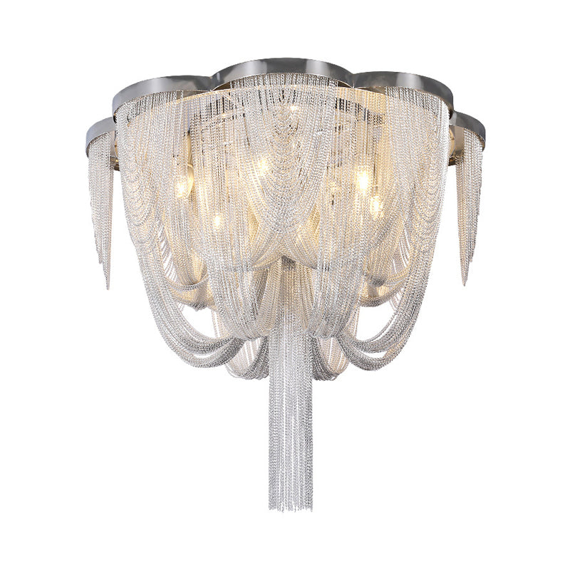 5-Light Tassel Chain Flush Chandelier Modern Chrome Finish Aluminum Semi Flush Mount Ceiling Light Clearhalo 'Ceiling Lights' 'Close To Ceiling Lights' 'Close to ceiling' 'Semi-flushmount' Lighting' 790692