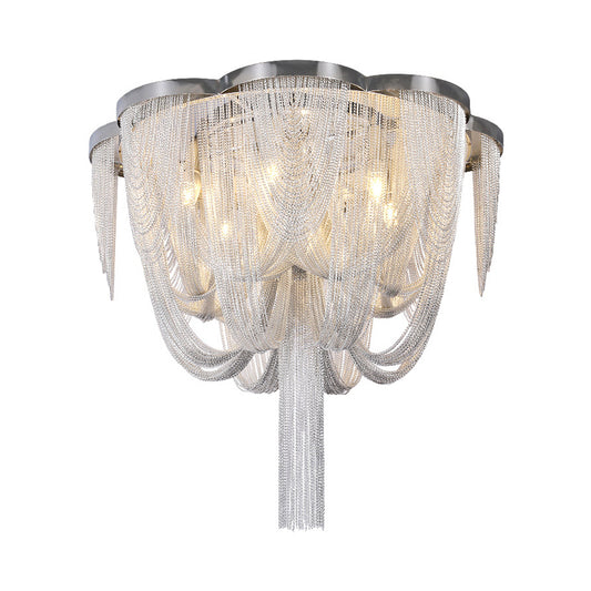 5-Light Tassel Chain Flush Chandelier Modern Chrome Finish Aluminum Semi Flush Mount Ceiling Light Clearhalo 'Ceiling Lights' 'Close To Ceiling Lights' 'Close to ceiling' 'Semi-flushmount' Lighting' 790692