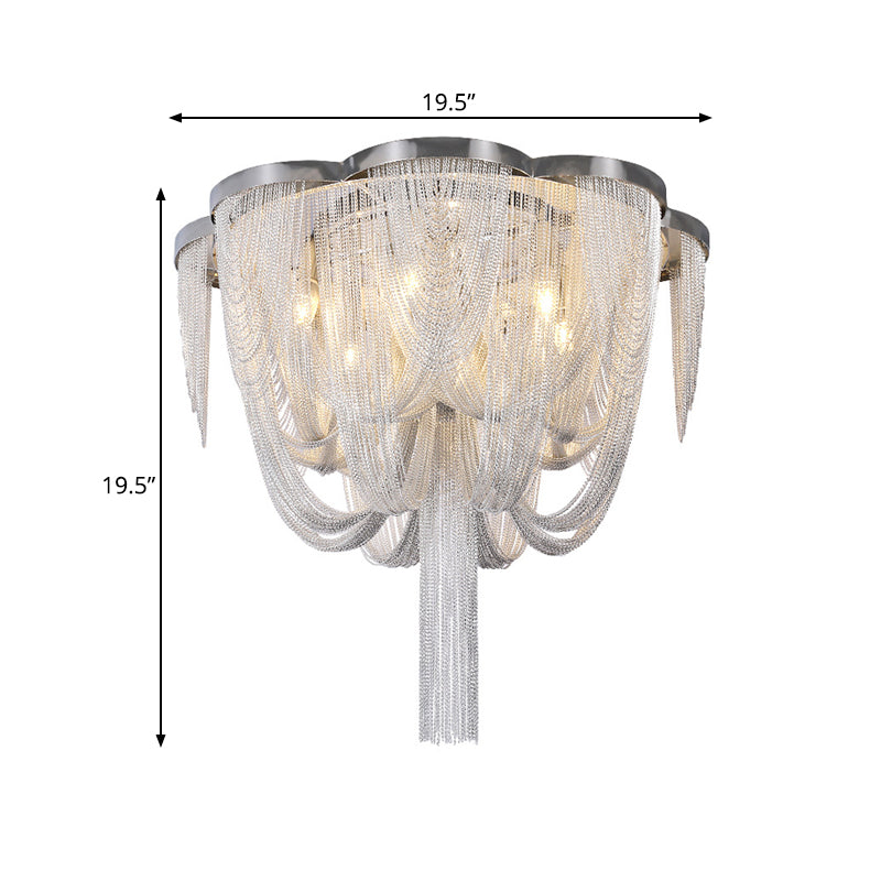 5-Light Tassel Chain Flush Chandelier Modern Chrome Finish Aluminum Semi Flush Mount Ceiling Light Clearhalo 'Ceiling Lights' 'Close To Ceiling Lights' 'Close to ceiling' 'Semi-flushmount' Lighting' 790693