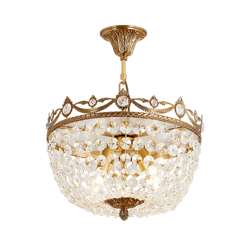 4 Lights Basket Semi-Flush Ceiling Light Traditional Brass Crystal Flush Mount Lamp for Passage Clearhalo 'Ceiling Lights' 'Close To Ceiling Lights' 'Close to ceiling' 'Semi-flushmount' Lighting' 790727