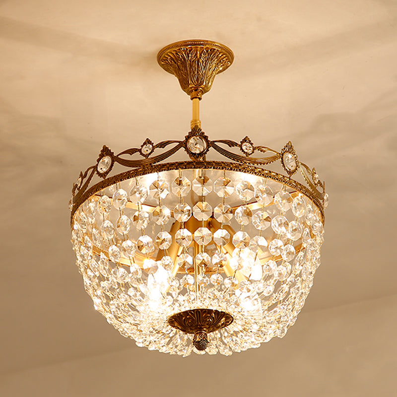 4 Lights Basket Semi-Flush Ceiling Light Traditional Brass Crystal Flush Mount Lamp for Passage Clearhalo 'Ceiling Lights' 'Close To Ceiling Lights' 'Close to ceiling' 'Semi-flushmount' Lighting' 790728