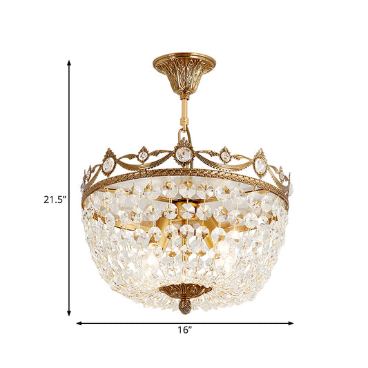 4 Lights Basket Semi-Flush Ceiling Light Traditional Brass Crystal Flush Mount Lamp for Passage Clearhalo 'Ceiling Lights' 'Close To Ceiling Lights' 'Close to ceiling' 'Semi-flushmount' Lighting' 790729