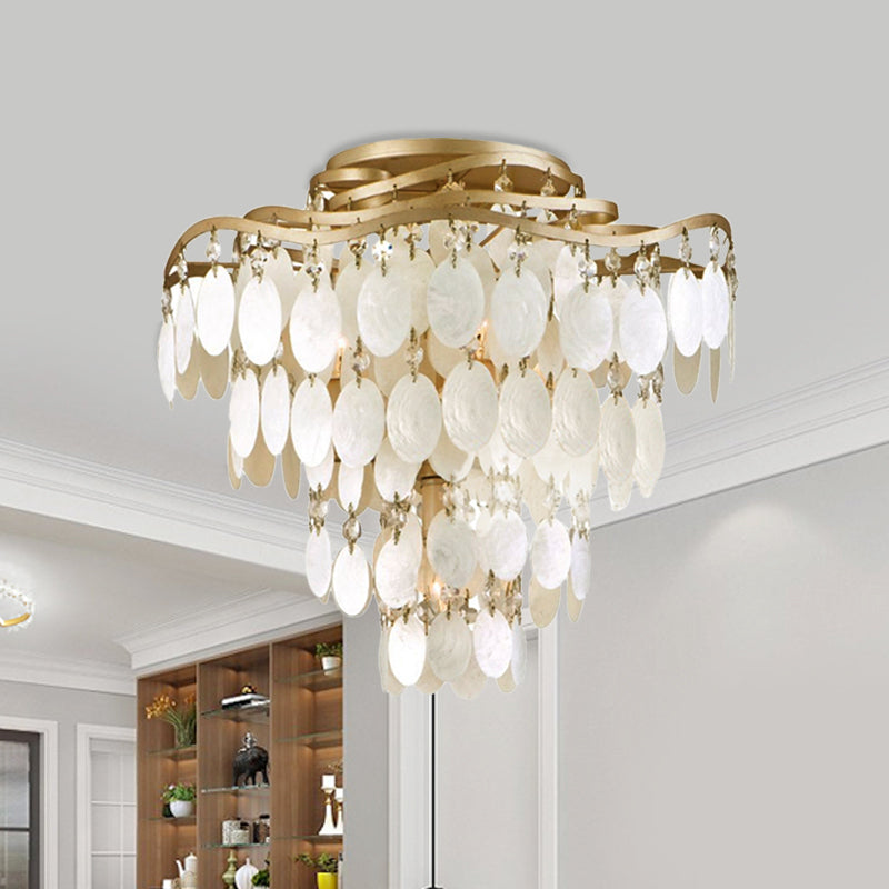 Coastal Layered Semi Flush Chandelier 4 Bulbs Shell Close To Ceiling Lighting Fixture in Brass Brass Clearhalo 'Ceiling Lights' 'Close To Ceiling Lights' 'Close to ceiling' 'Semi-flushmount' Lighting' 790734