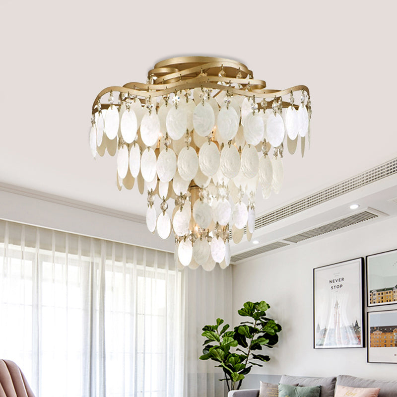 Coastal Layered Semi Flush Chandelier 4 Bulbs Shell Close To Ceiling Lighting Fixture in Brass Clearhalo 'Ceiling Lights' 'Close To Ceiling Lights' 'Close to ceiling' 'Semi-flushmount' Lighting' 790735