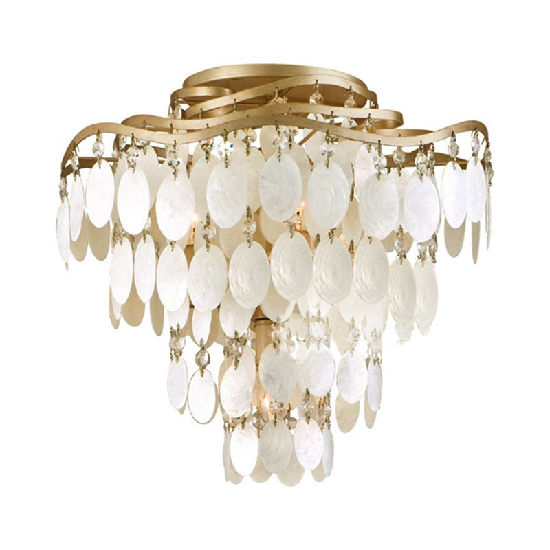 Coastal Layered Semi Flush Chandelier 4 Bulbs Shell Close To Ceiling Lighting Fixture in Brass Clearhalo 'Ceiling Lights' 'Close To Ceiling Lights' 'Close to ceiling' 'Semi-flushmount' Lighting' 790736