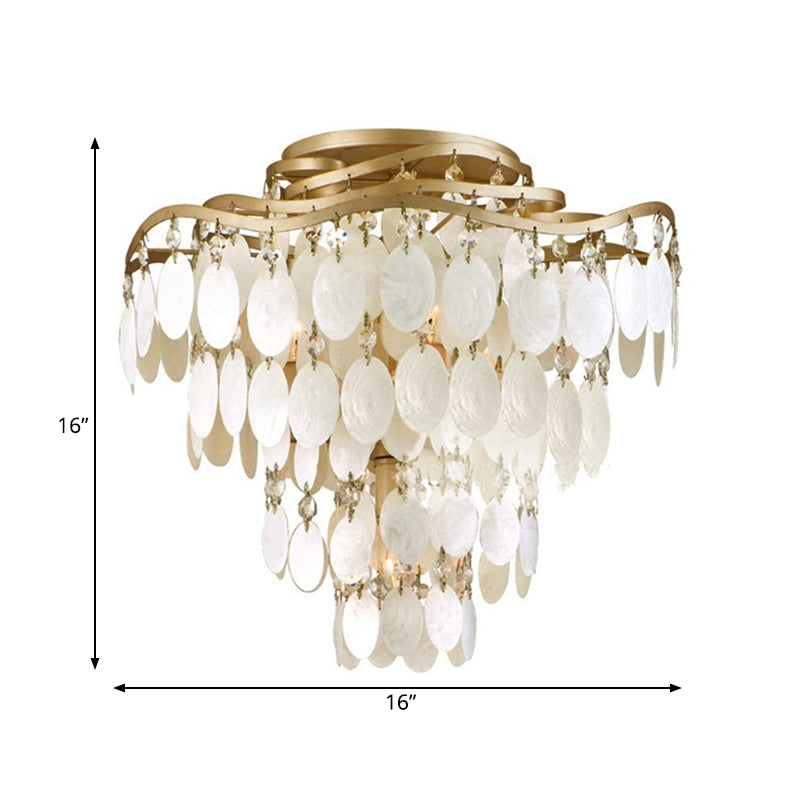 Coastal Layered Semi Flush Chandelier 4 Bulbs Shell Close To Ceiling Lighting Fixture in Brass Clearhalo 'Ceiling Lights' 'Close To Ceiling Lights' 'Close to ceiling' 'Semi-flushmount' Lighting' 790737