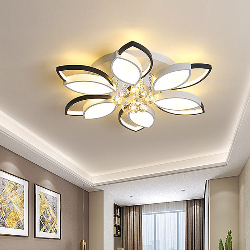 Petals Bedroom Flush Mount Light Nordic Acrylic Black-White LED Ceiling Lighting with Crystal Ball Drop, Warm/White Light Black-White Clearhalo 'Ceiling Lights' 'Close To Ceiling Lights' 'Close to ceiling' 'Flush mount' Lighting' 790742