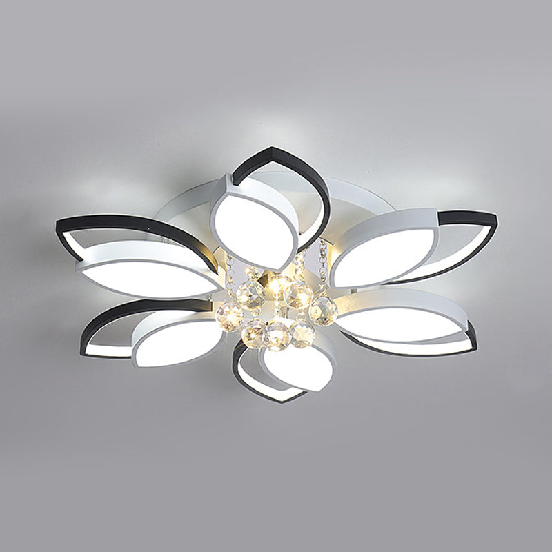 Petals Bedroom Flush Mount Light Nordic Acrylic Black-White LED Ceiling Lighting with Crystal Ball Drop, Warm/White Light Clearhalo 'Ceiling Lights' 'Close To Ceiling Lights' 'Close to ceiling' 'Flush mount' Lighting' 790744