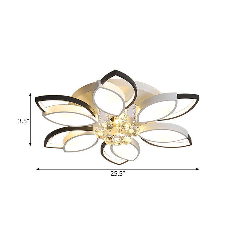 Petals Bedroom Flush Mount Light Nordic Acrylic Black-White LED Ceiling Lighting with Crystal Ball Drop, Warm/White Light Clearhalo 'Ceiling Lights' 'Close To Ceiling Lights' 'Close to ceiling' 'Flush mount' Lighting' 790745