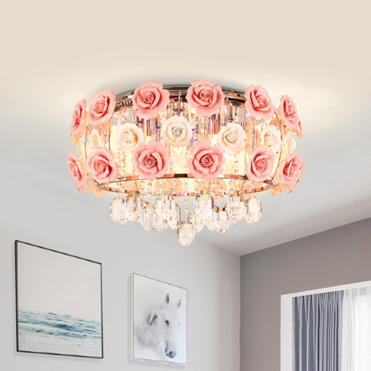 Pink Blooming Rose Ceiling Light Modern Romantic Crystal 8-Bulb Living Room Flush Mount Chandelier Pink Clearhalo 'Ceiling Lights' 'Close To Ceiling Lights' 'Close to ceiling' 'Flush mount' Lighting' 790746