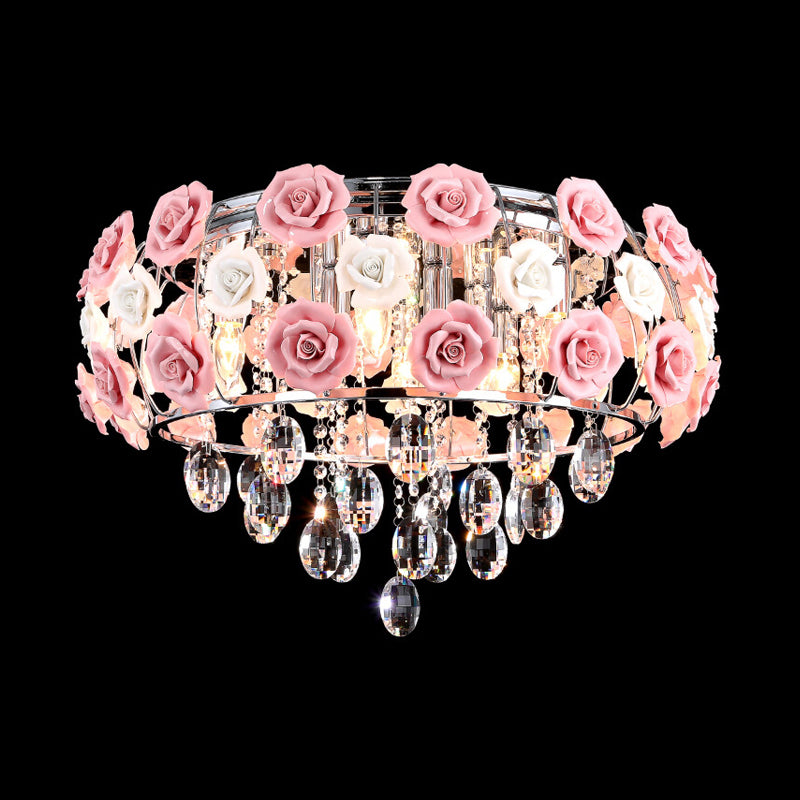 Pink Blooming Rose Ceiling Light Modern Romantic Crystal 8-Bulb Living Room Flush Mount Chandelier Clearhalo 'Ceiling Lights' 'Close To Ceiling Lights' 'Close to ceiling' 'Flush mount' Lighting' 790747