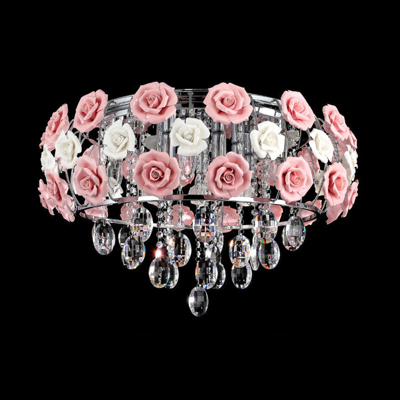 Pink Blooming Rose Ceiling Light Modern Romantic Crystal 8-Bulb Living Room Flush Mount Chandelier Clearhalo 'Ceiling Lights' 'Close To Ceiling Lights' 'Close to ceiling' 'Flush mount' Lighting' 790748