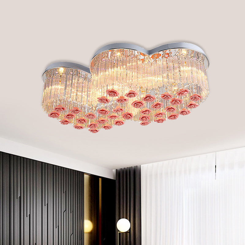 Crystal Rod Loving Heart Ceiling Flush Romantic Modern 8 Lights Bedroom Flush Light with Pink Ceramic Rose Finials Pink Clearhalo 'Ceiling Lights' 'Close To Ceiling Lights' 'Close to ceiling' 'Flush mount' Lighting' 790763