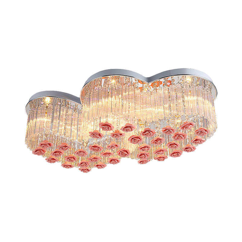 Crystal Rod Loving Heart Ceiling Flush Romantic Modern 8 Lights Bedroom Flush Light with Pink Ceramic Rose Finials Clearhalo 'Ceiling Lights' 'Close To Ceiling Lights' 'Close to ceiling' 'Flush mount' Lighting' 790764