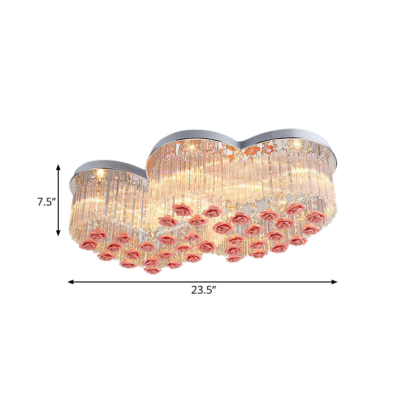 Crystal Rod Loving Heart Ceiling Flush Romantic Modern 8 Lights Bedroom Flush Light with Pink Ceramic Rose Finials Clearhalo 'Ceiling Lights' 'Close To Ceiling Lights' 'Close to ceiling' 'Flush mount' Lighting' 790766