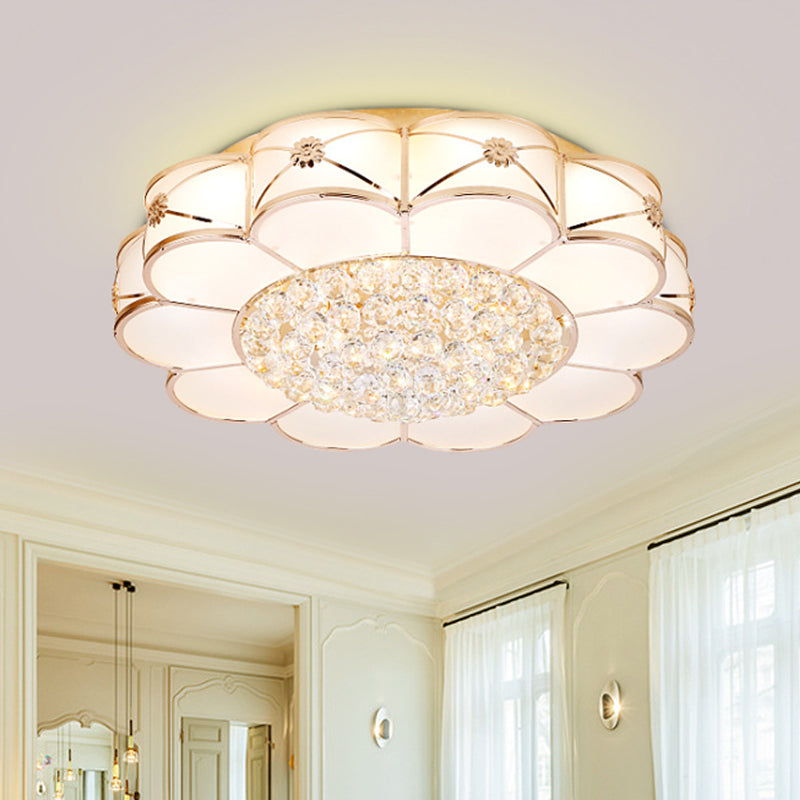 Gold LED Ceiling Light Modern Frosted Glass Layered Petals Flush Mount Fixture with Crystal Ball Drop Gold Clearhalo 'Ceiling Lights' 'Close To Ceiling Lights' 'Close to ceiling' 'Flush mount' Lighting' 790787